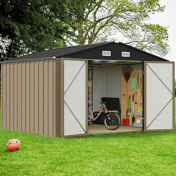 10x8 Foot Outdoor Metal Storage Shed with Lockable Door - Waterproof Garden Shed for Backyard and Patio Tools Good Vibrations