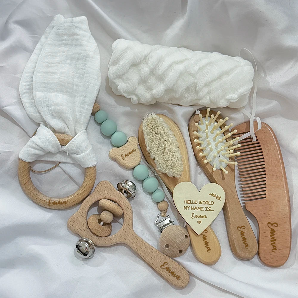 Baby Gift Box 8pcs with Personalized Name,Natural Wood Teether Rattle Set,Custom Baby Toy,Baby Name Announcement Baby Brush Good Vibrations