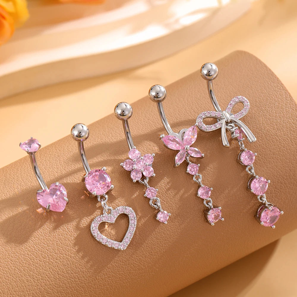 3-5pcs/Lot Belly Button Ring Sets Heart Butterfly Flower Dangled Belly Piercing Nombril 14G Curved Navel Rings Jewelry for Women Good Vibrations Adult Super Store