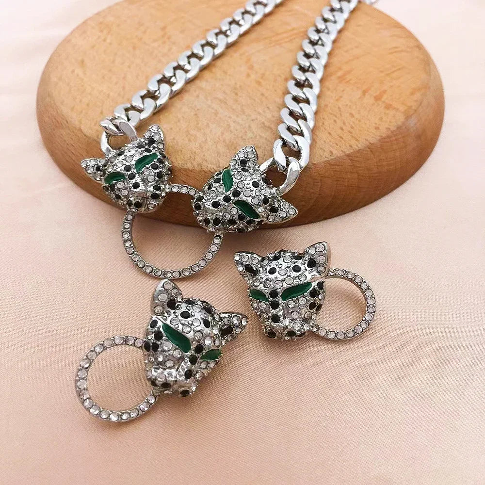 New Fashion Rhinestone Leopard Earring Necklace Jewelry Set for Women Party Punk Vintage Metal Animals Pendant Chains Necklace Good Vibrations
