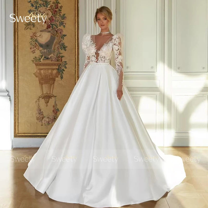 Classic Wedding Dress Satin Surah With Embroidered Lace A-Line Ball Gown O-Neck Puff Sleeves Customized Bride Vestido De Novia Good Vibrations