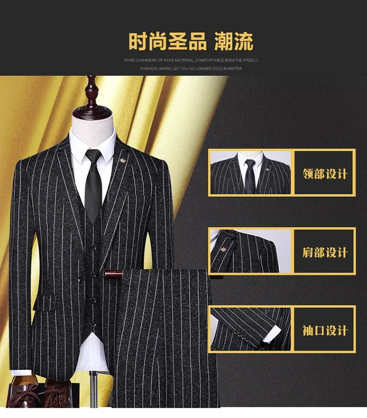 2025 Suit (suit + Vest + Trousers) Single Button Fashion Business Vertical Stripe Gentleman Suit Korean Suit Three-piece Suit Good Vibrations