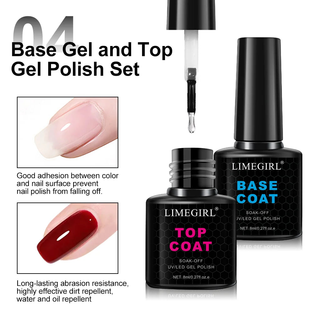 LIMEGIRL 8ml Soak Off Matte Top Base Coat for Nails UV Gel Polish Semi Permanent Functional Manicure Top Base Coat Varnish Good Vibrations