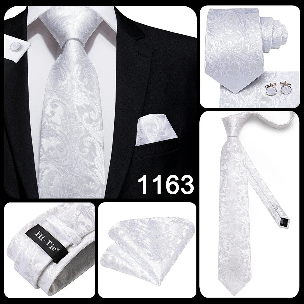 Men's Ties White Sliver Hanky Cufflinks Set Silk Neck ties For Men Wedding Party Business Mens Tie 2022 New Fashion Brand Hi-Tie Good Vibrations