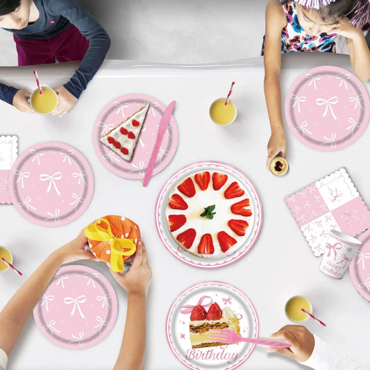 Pink Bow Tie Disposable Tableware Birthday Party Supplies Festival Tableware Pink Pattern Plate Mat Disposable Paper Cups Knive Good Vibrations