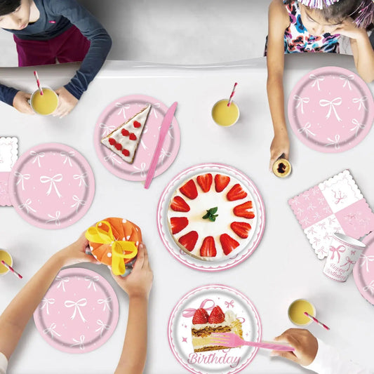Pink Bow Tie Disposable Tableware Birthday Party Supplies Festival Tableware Pink Pattern Plate Mat Disposable Paper Cups Knive Good Vibrations