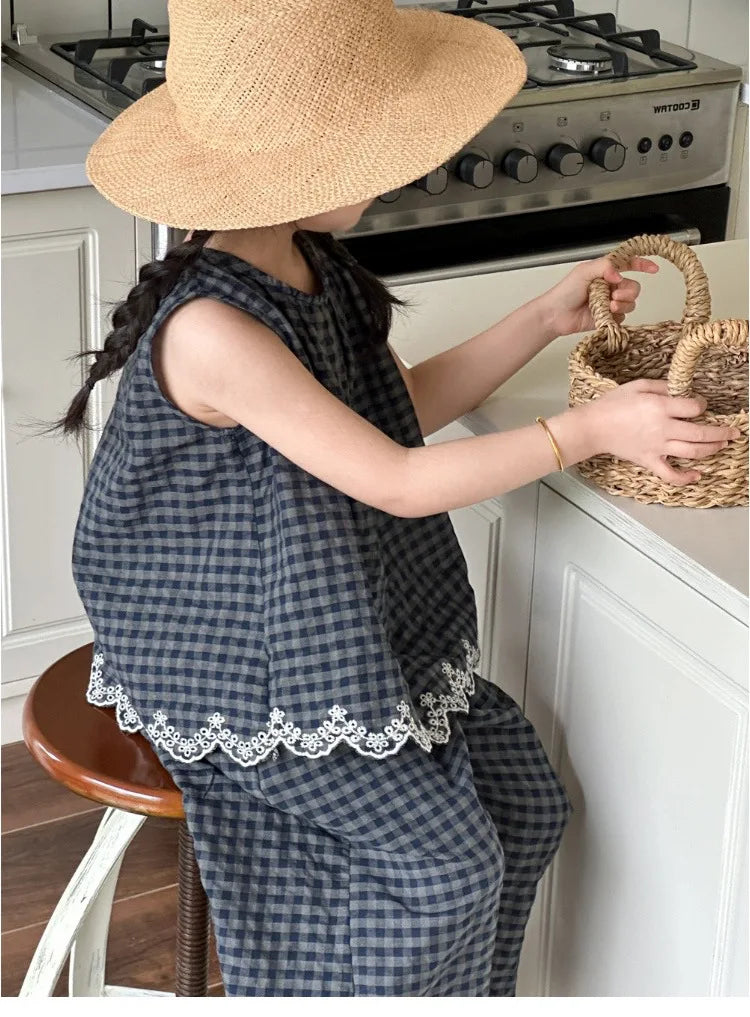 Girls' Summer Outfit New Kids Temperament Plaid Lace Vest+Wide Leg Pants Two-piece Set Trendy Children's Clothing Sets Good Vibrations
