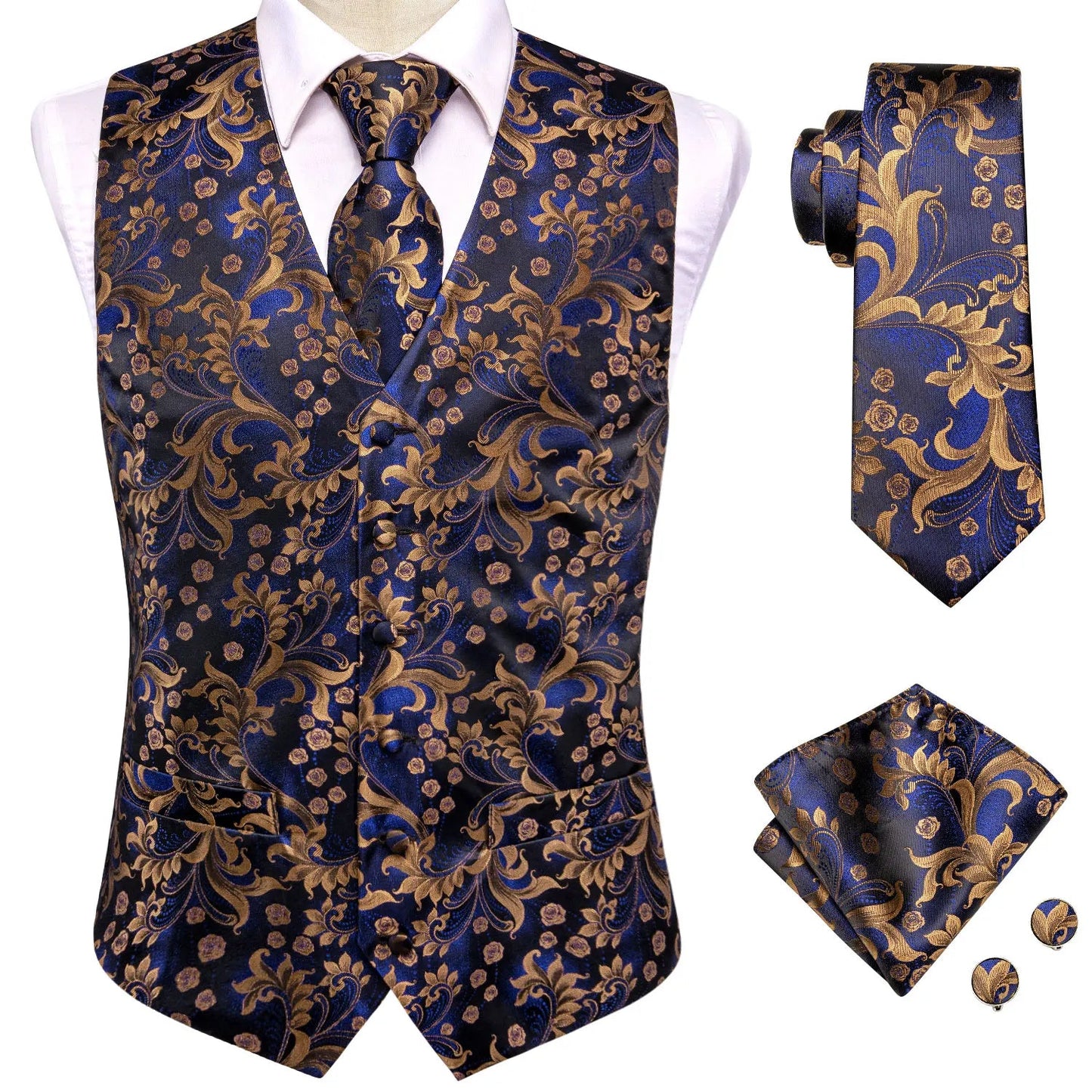 Hi-Tie Black Men Silk Vest Paisley Jacquard Necktie Hankerchief Cufflinks Sets Male Sleeveless V-Neck Waistcoat Business Formal Good Vibrations