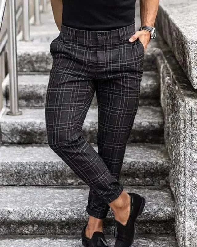Suit Pant Men Long Pants Plaid Mid Waist Simple Slim Fit Zipper Splice Casual Regular Autumn Winter 2024 Straight Trousers Good Vibrations
