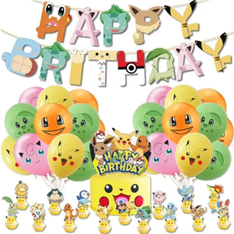 Pokemon Birthday Party Supplies Pikachu Decoration Banner Balloons Tableware Set Plates Napkins Baby Shower Children's Toy Gifts Good Vibrations