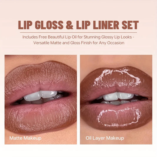 Lip Liner and Gloss Set with Free Lip Oil - Create Gorgeous Glossy Lips with Layer of Nude Lip Oil, lip color,lip Good Vibrations