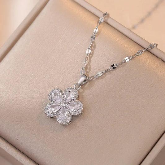 Charm Cherry Flower Stud Earrings and Pendant Clavicle Necklaces For Women Stainless Steel Jewelry Sets White Zircon Choker Gift Good Vibrations