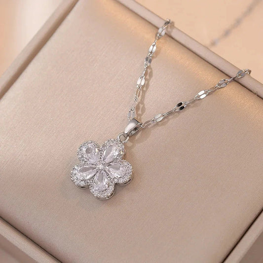 Charm Cherry Flower Stud Earrings and Pendant Clavicle Necklaces For Women Stainless Steel Jewelry Sets White Zircon Choker Gift Good Vibrations