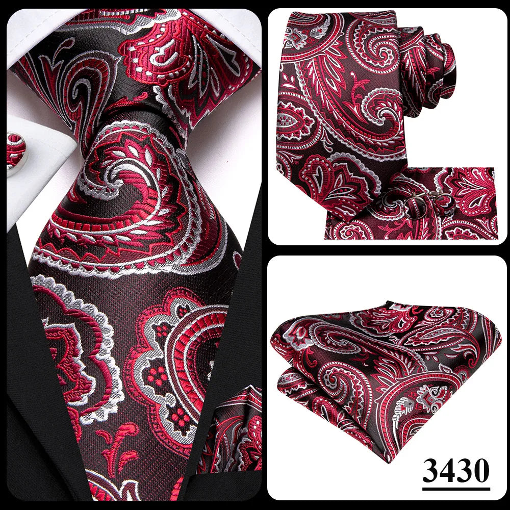 Hi-Tie Designer Red Burgundy Plaid Silk Wedding Tie For Men Handky Cufflink Gift Mens Necktie Fashion Business Party Dropshiping Good Vibrations