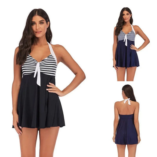 Plus Size Vintage Bathing Suit Two Piece Swim Wear with Dress Halter Tankini Swimsuits Women Striped Push-up Beachwear Shorts Good Vibrations