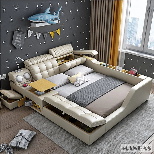 Modern Multi-Functional Tech Smart Bed with Storage, Speakers, USB, Bookshelves, and Tatami – Luxury King/Queen Ultimate Bed Good Vibrations