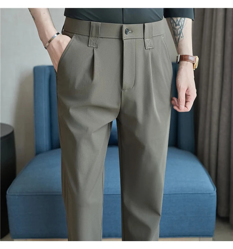 Men Straight Leg Suit Pants Summer Ice Silk Lightweight Elastic Waist Casual Loose Wide-leg Trousers Dress Pants Men Clothing