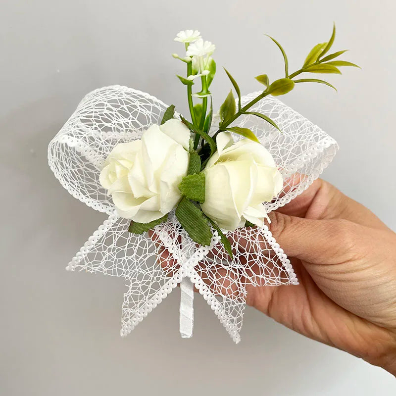 White Boutonniere Wedding Accessories Groom Buttonhole Wrist Corsage Brooch Flowers Artificial Silk Roses Bridesmaids Bracelets Good Vibrations