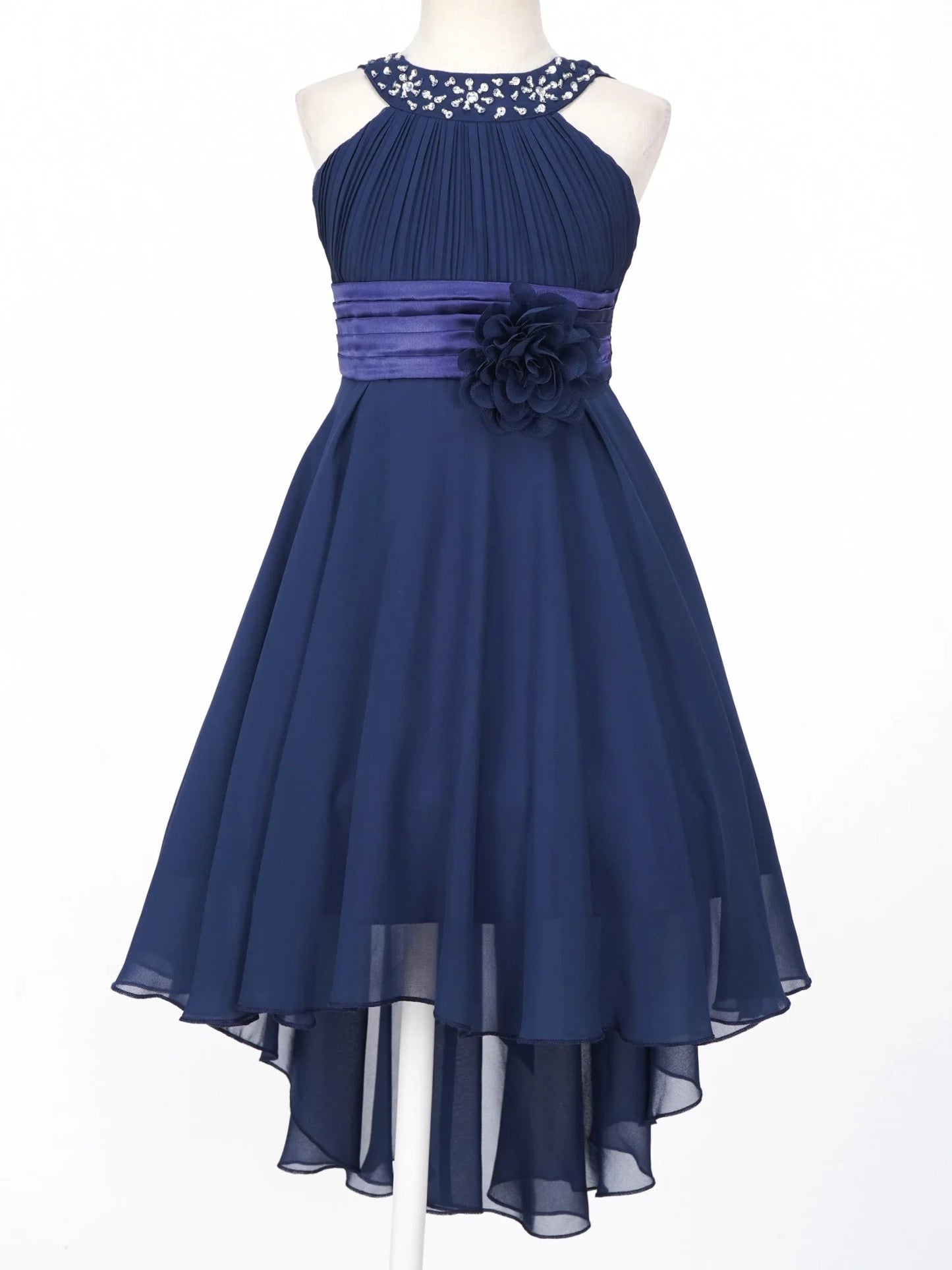 Kids Wedding Flower Girls Party Dress Sleeveless Ruched Shiny Beaded Hi-low Hem Elegant Chiffon Dress for Birthday Evening Prom Good Vibrations