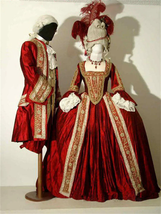 18th century red velvet French Rococo costume set with detailed gold embroidery for men and women