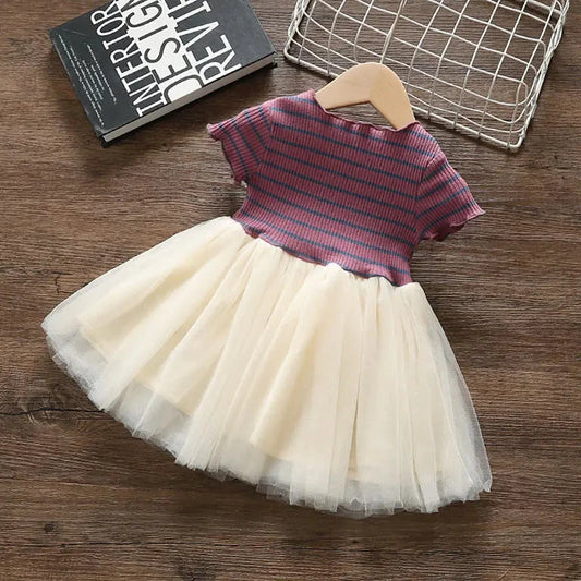 Girls' Summer Dress 1-6Y Children's Striped Short Sleeved Patchwork Mesh Dress Korean Girls Clothing Kid's Outfit Good Vibrations