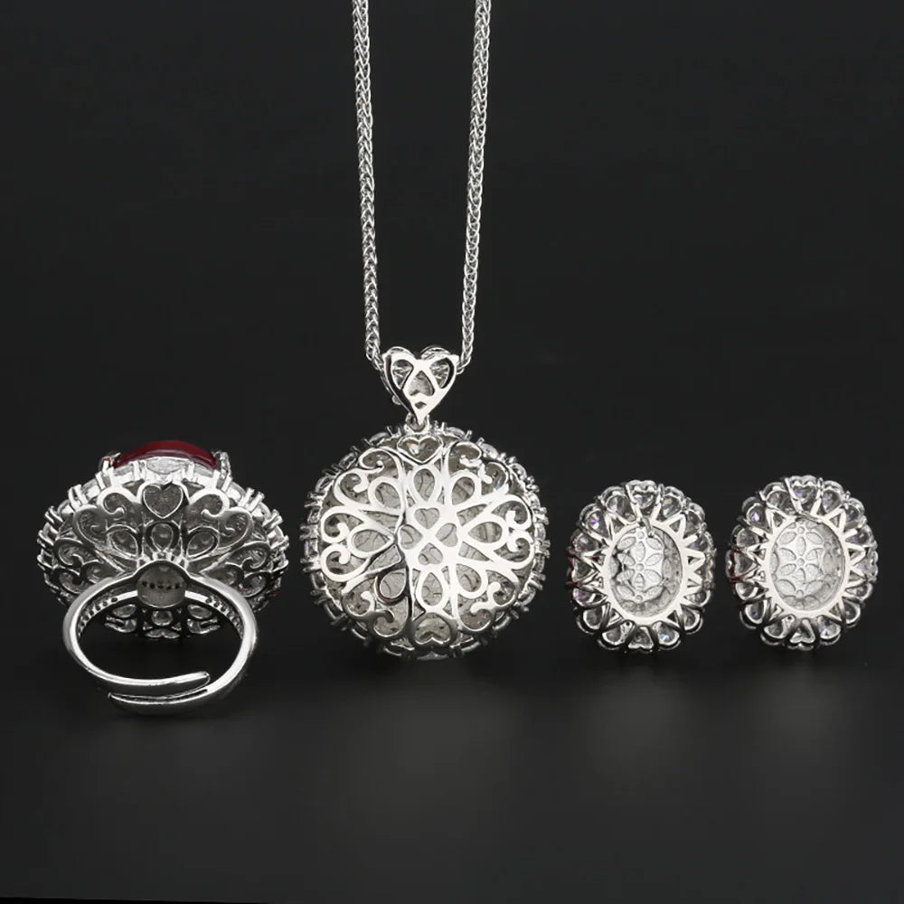 Women's Fine Jewelry Set Retro Lab Ruby Gemstone Necklace Pendant Ring Stud Earrings Wedding Party Accessories Anniversary Gift Good Vibrations Adult Super Store