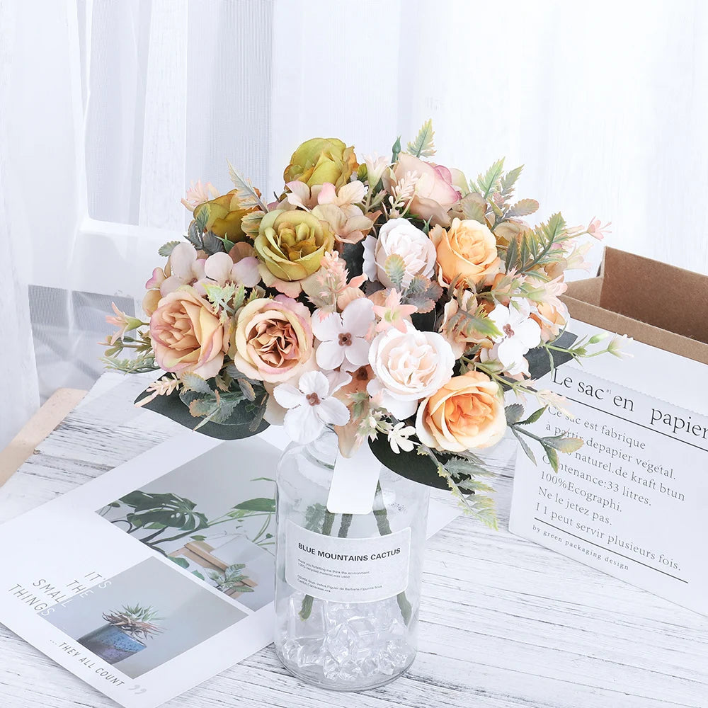 Beautiful Roses Autumn Artificial Flowers Silk Peony Hydrangea Big Bride Bouquet Wedding Home Party DIY Decoration Fake Flowers Good Vibrations