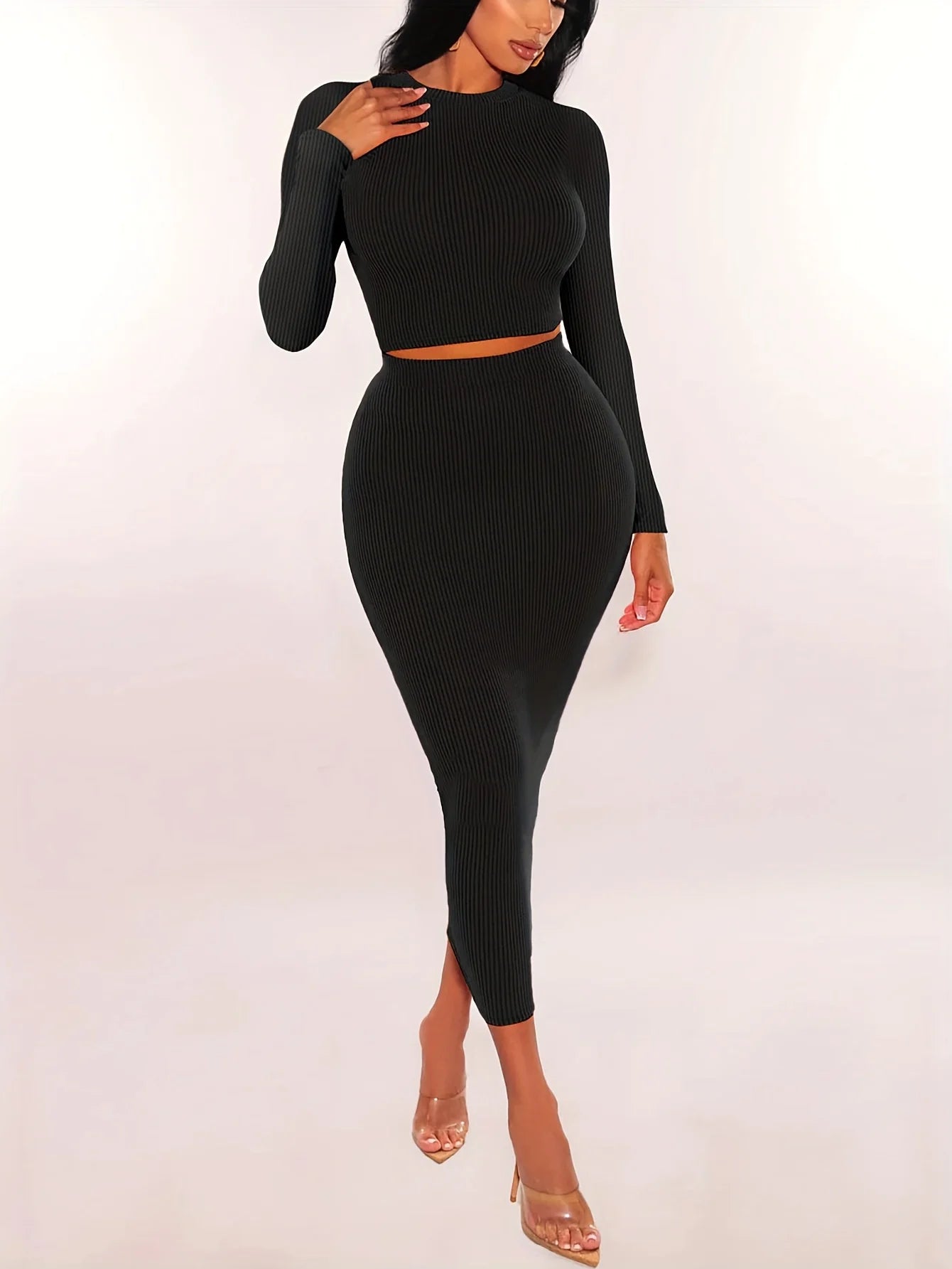Women Skirts Set Long Sleeve Crop Tops Dress Two Piece Solid Color Skinny Bodycons Outfits Suits Knitted Slim Clothing