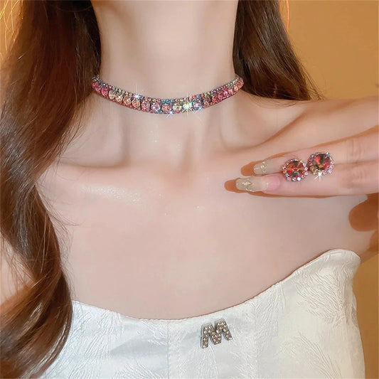 Luxury Crystal Necklace Earrings Set Pink ABcolourful Necklace for Women Weddings Party Jewelry Sets Accessories Good Vibrations Adult Super Store