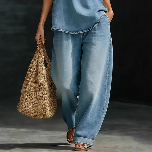 Women Denim Two Piece Set V Neck Half Sleeve Top T-Shirt Loose Wide Leg Pants Casual Outfit Streetwear Fashion Summer Suit Sets Good Vibrations