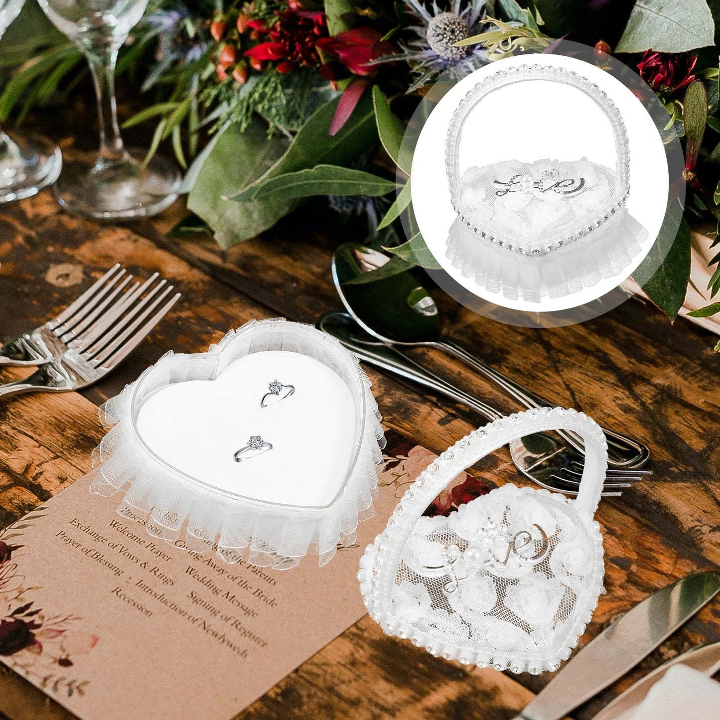 Mini Lace Ring Box Satin Wedding Ring Pillows With Handle Heart Shape Ceremony Bridal Party Supplies Festive Decorations Good Vibrations