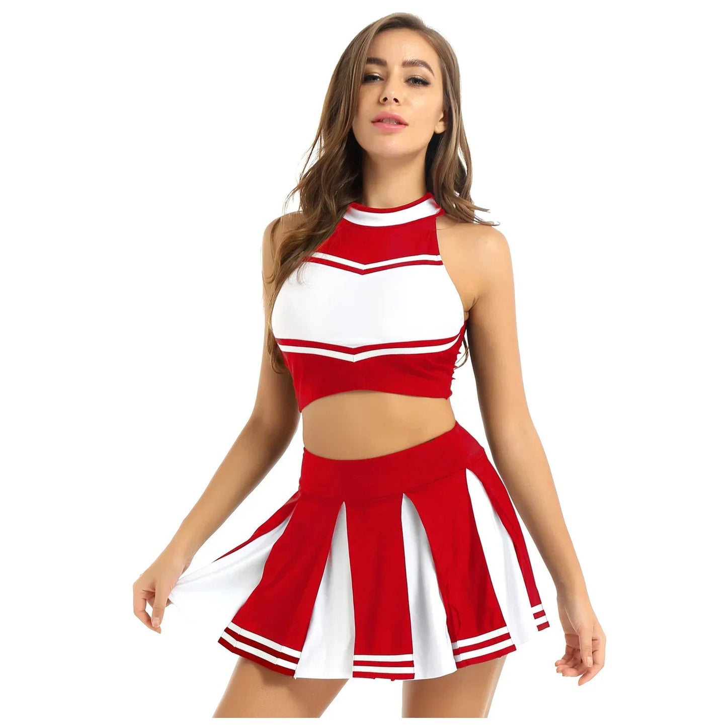 Carnival Costume 2Pcs Womens Adults Cheerleading Uniform Cosplay Outfit Crop Top with Mini Skirt Halloween Fancy Dress Up Party Good Vibrations