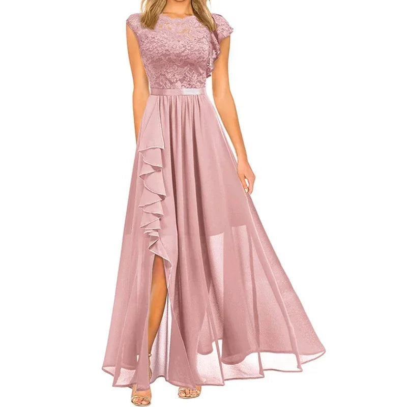 Harajuku Vintage Elegant Long Maxi Dress 2025 New Fashion High Waist Round Neck Party Wedding Dresses Spliced Lace Chiffon Dress Good Vibrations