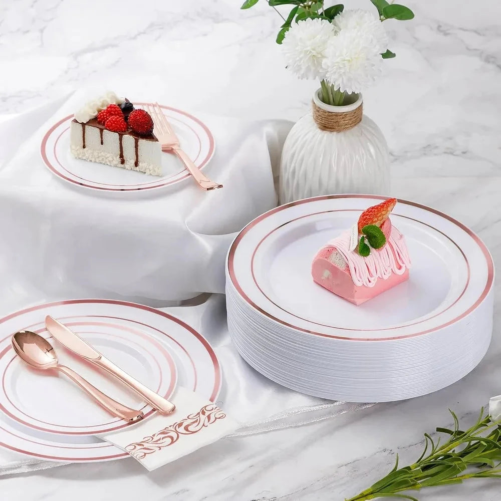700 Piece Rose Gold Dinnerware Set for 100 Guests, Plastic Plates Disposable for Party, Include: 100 Dinner Plates Good Vibrations