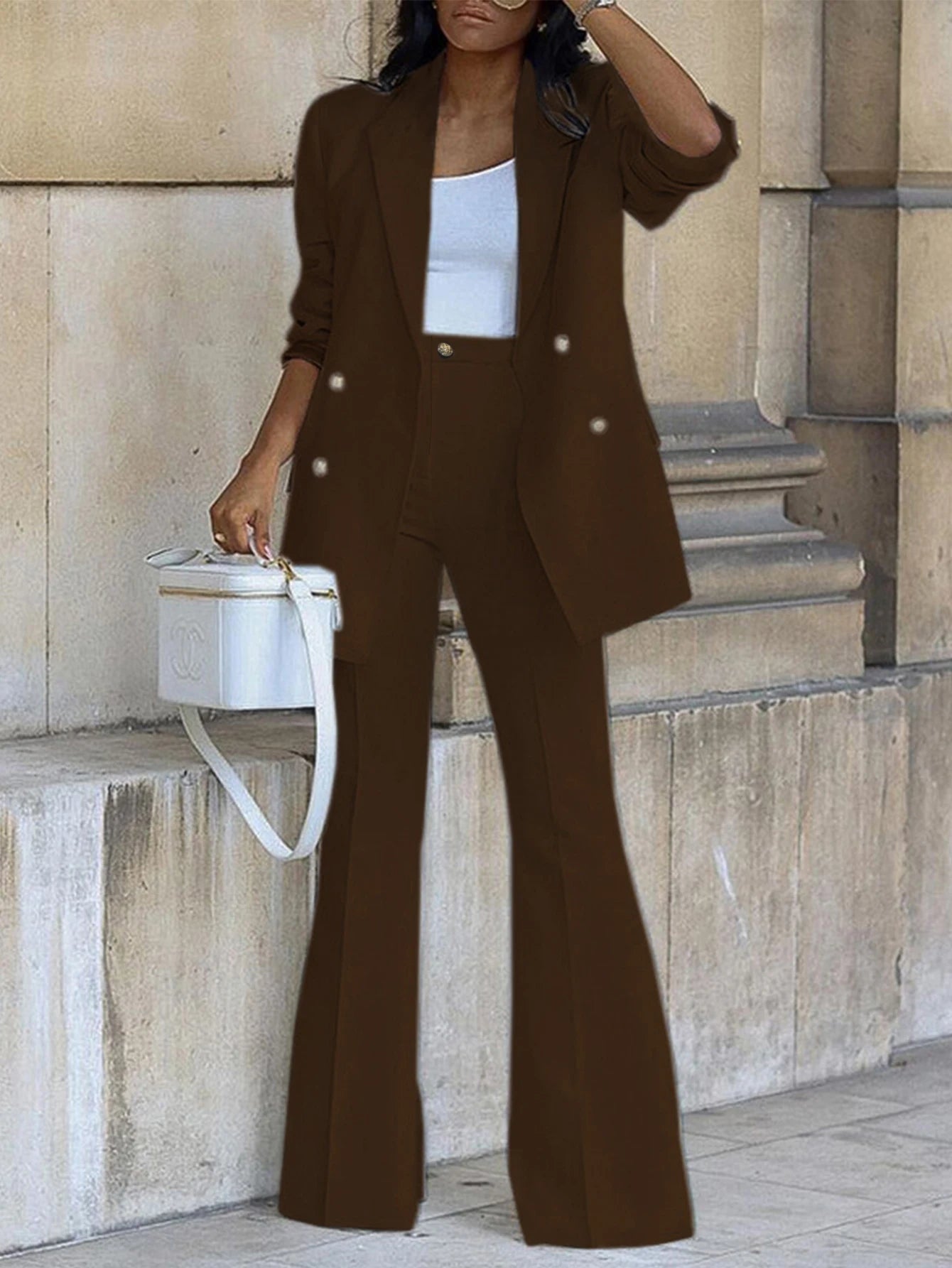 Women's Sets All Season Decent Business Plain Double Breasted Long Sleeve Lapel High Waist Full Length Formal Pants Sets Good Vibrations