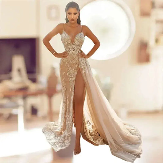 Wedding Party Dress Female Evening Elegant Sexy Deep V Neck Strap Sleeveless Sequined Long Maxi Dresses for Women 2024 Good Vibrations