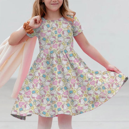 Sanrio 2025 New Summer 3-14 Year Old Girl Kuromi Hello Kitty Printed Short Sleeved Dress Loose And Comfortable Party Home Dress Good Vibrations