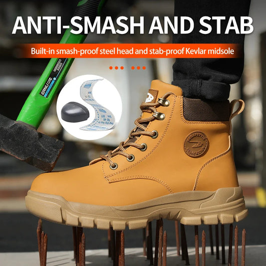 High Top Men Work Shoes Anti-Puncture Anti-smash Work Sneakers Slip Resistant Comfortable Soft Water Resistant Work Hiking Boots Good Vibrations