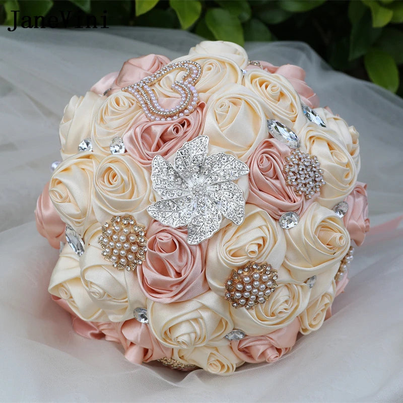 JaneVini Light Pink Roses Bridal Bouquet Elegant Pearl Crystal Lace Handle Bride Flower Ball Wedding Bouquet Bruiloftaccessoires Good Vibrations