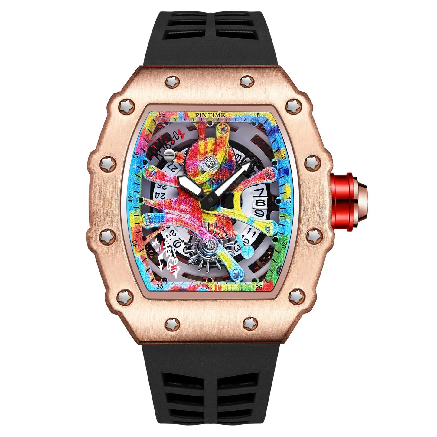 Fashion Mechanical Man Watches Classic Colorful RM Desgin Automatic Visable Wristwatch Causal Men Watch Rubber Strap Belt Good Vibrations