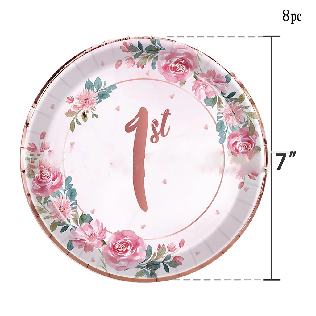 Pink Flower One Year Old Birthday Party Disposable Tableware Babyshower Girl Pink Paper Plates Baby Girl 1st Birthday Party Deco