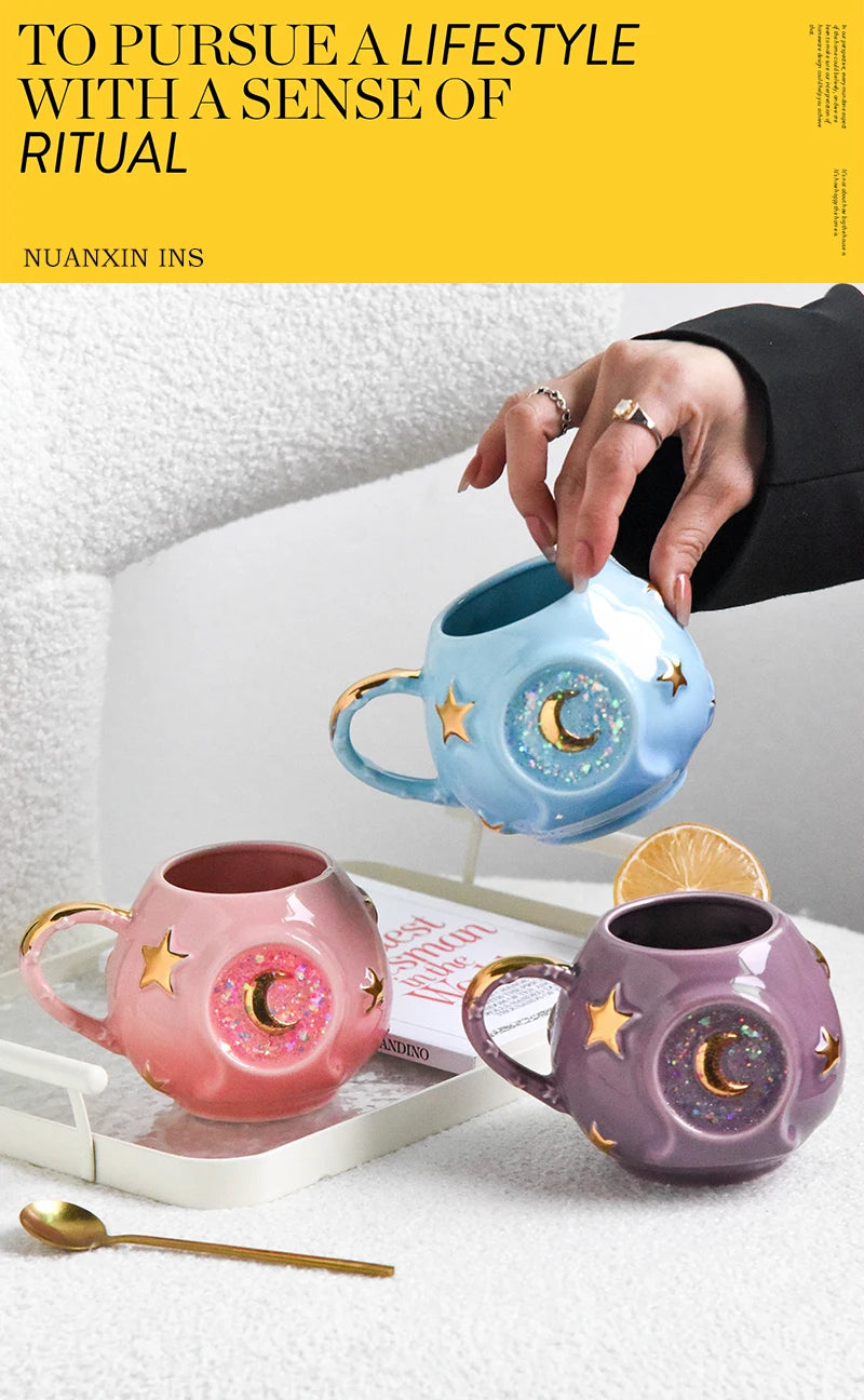 Ceramic Starry Sky Cup Sparkling Cup with High Appearance, Colorful Stars, Creative Birthday Gift, Mug with Hand Gift, Water Cup Good Vibrations Adult Super Store