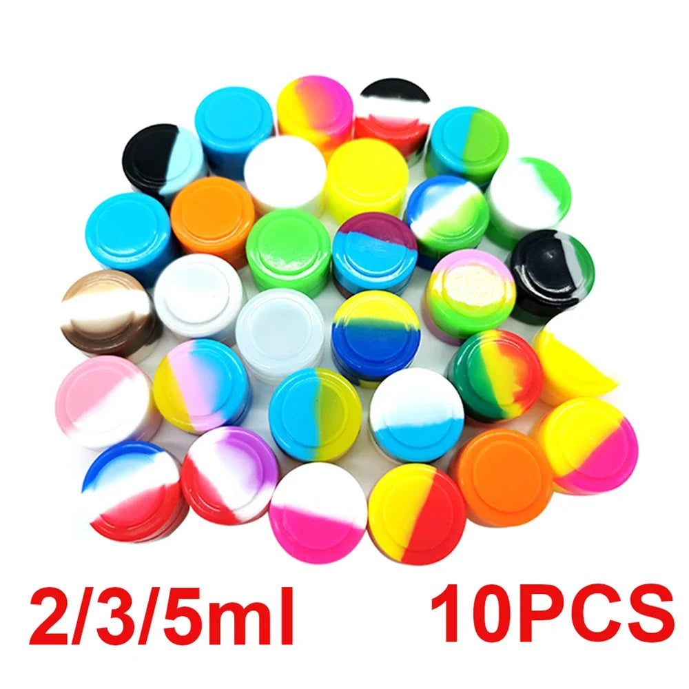 10PCS silicone containers in assorted colors, 2ml, 3ml, and 5ml sizes, nonstick and stackable for concentrates.