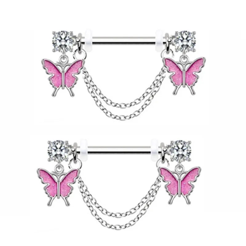 1Pair Pink Butterfly Nipple Piercing Jewelry Shiny Crystal Nipple Rings For Women Girls Heart Nipple Barbells Piercing Pezon Good Vibrations Adult Super Store