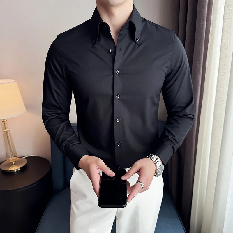 High Quality Versatile Business Casual Shirt Men Korean Fashion Long Sleeved Slim Fit Shirt Office Work Uniform Men Clothing 6XL Good Vibrations