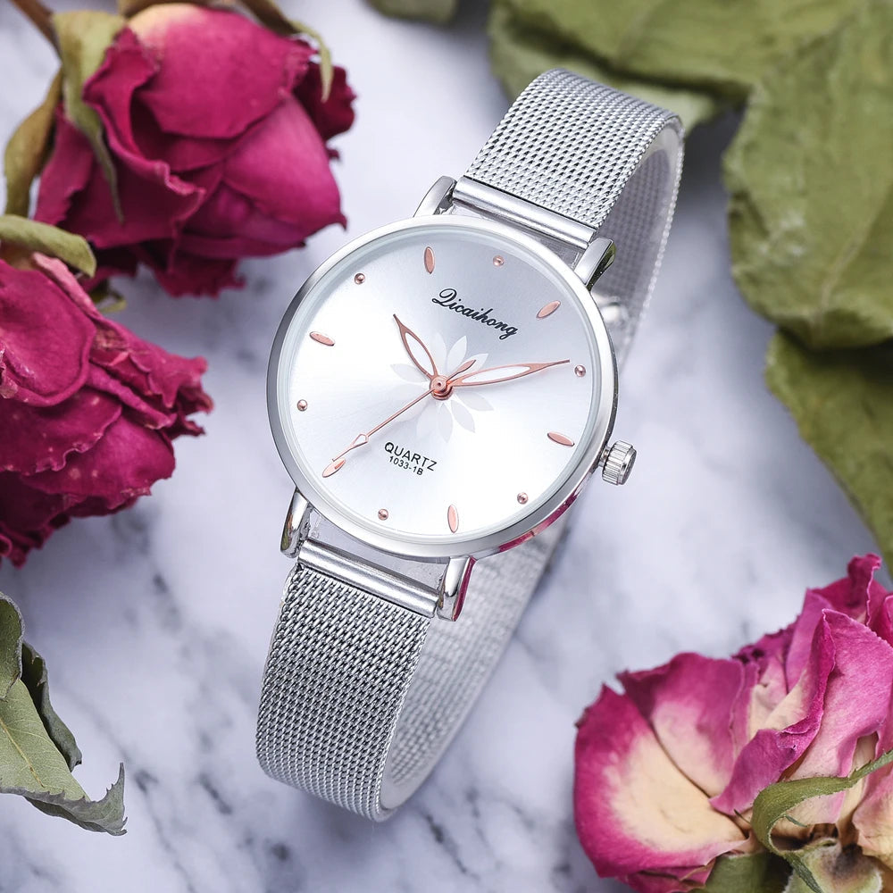Watches For Women Luxury Silver Popular Pink Dial Flowers Metal Ladies Bracelet Quartz Clock Ladies Wrist Watch New Clock Good Vibrations