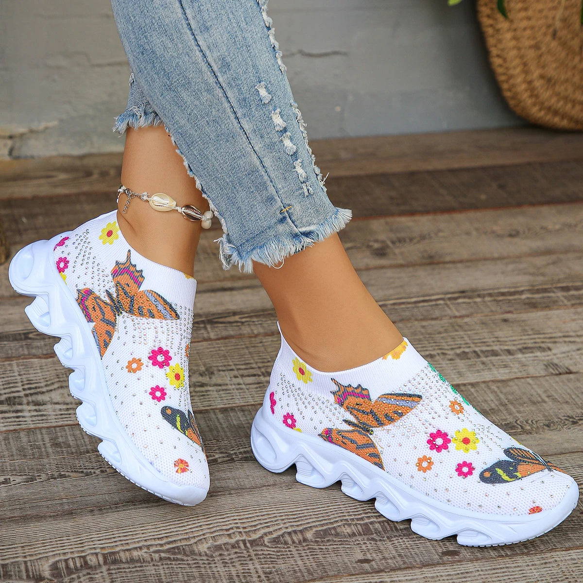 Fashion Crystal Butterfly Knitted Sneakers Shoes Woman Summer 2024 Breathable Mesh Slip On Platform Casual Flats Women Tennis Good Vibrations