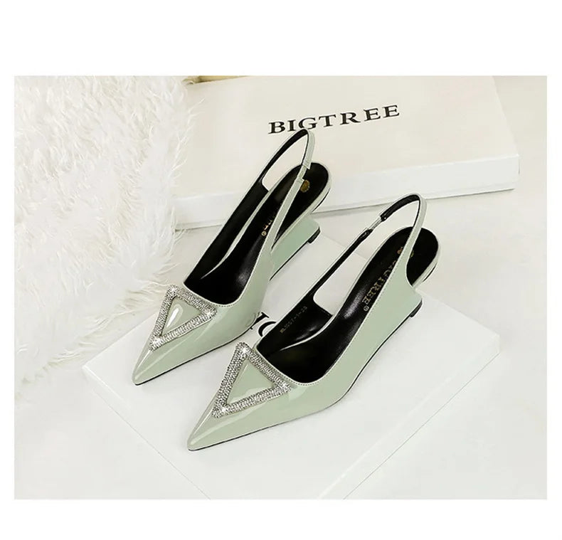 Wedges Women Shoes High Heel Shallow Pointed Toe Hollow Back Straps Patent Leather Triangle Metal Crystal Buckle Pumps Good Vibrations