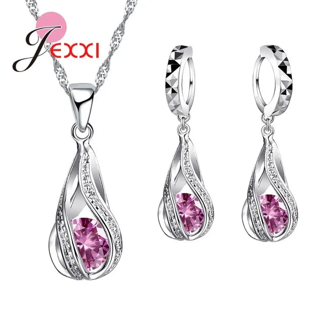 8 Colors Best Gift for Women Girls Friends 925 Sterling Silver Jewelry Set CZ Cubic Zircon Water Drop Necklace Dangle Earrings Good Vibrations Adult Super Store