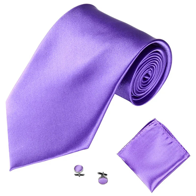 Fashion Men Women Tie Set 10CM 4'' Wedding Accessories Black White Red Blue Gray Yellow Pink Purple Cufflinks Hanky Necktie Sets Good Vibrations